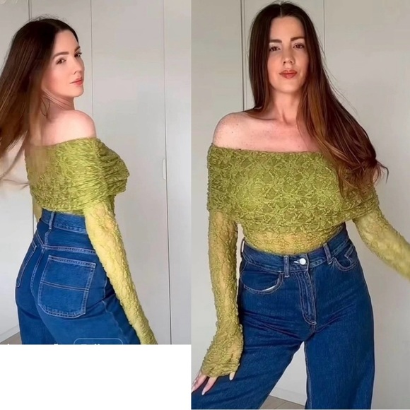 Zara Green lace long sleeve off the shoulder fitted top blouse Sz M NWOT stretch - Picture 2 of 13